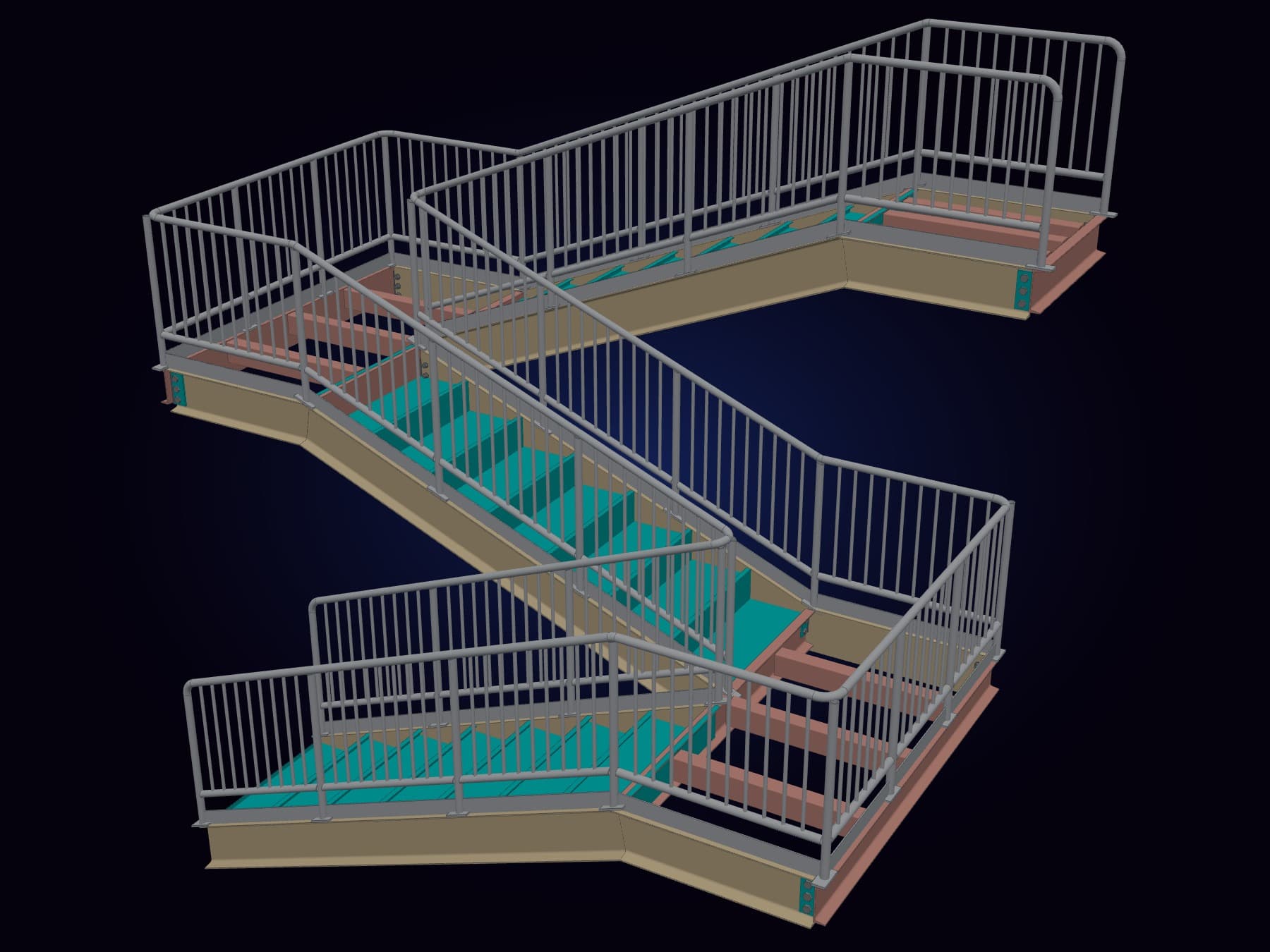 Three-flight stair: stringers, treads, landings and guards in one assembly.