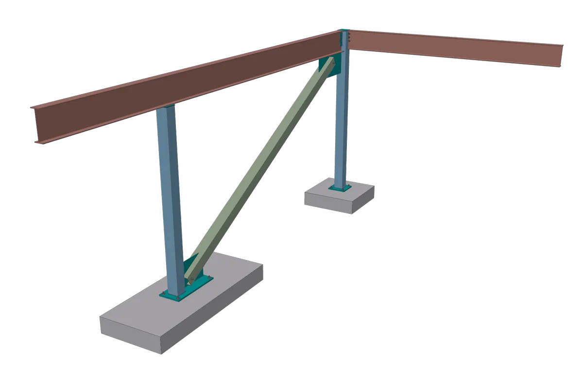 A beam running over the top of a tube column with a brace below it.
