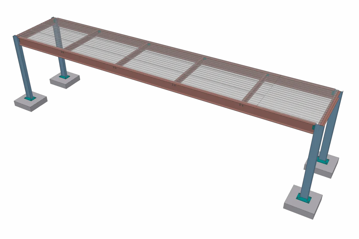 Composite deck sheets over a long framed bay.