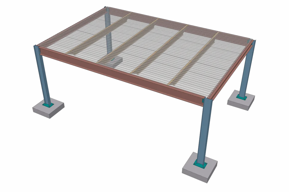 Roof deck sheets laid over K-joists in a framed bay.