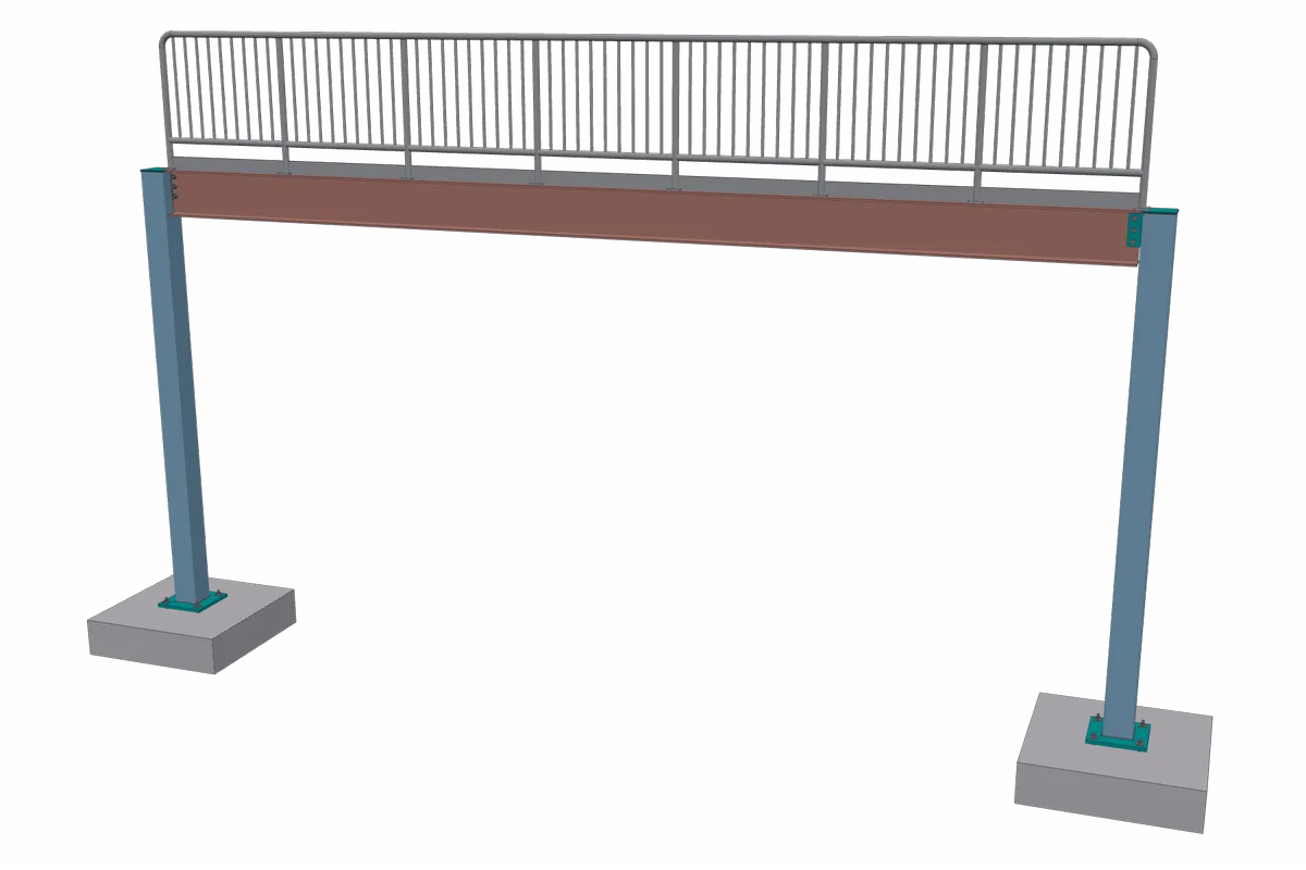 A picket guardrail mounted on a wide-flange girder between two columns.
