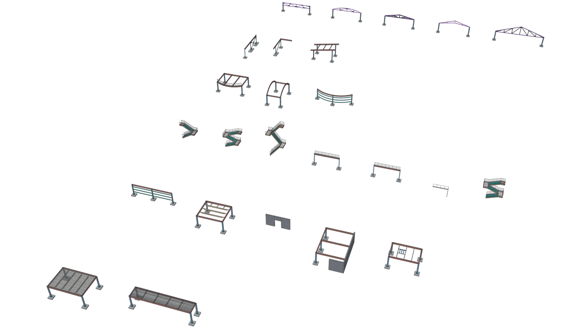 Overview of the whole model: trusses in the back row, then connections, curved members, stairs and railings, misc members, and decking in front.