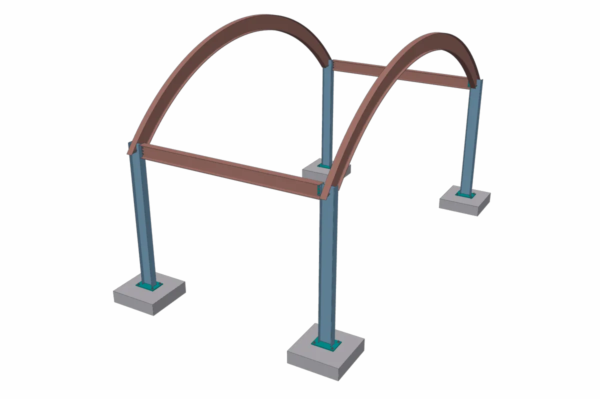 Two parallel wide-flange arches springing from column to column, tied at both ends.