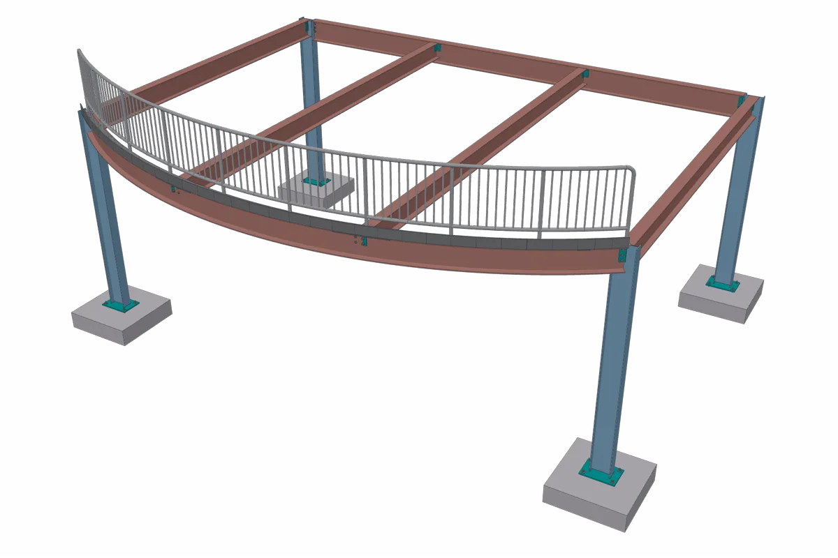 A framed floor bay with a curved front edge beam carrying a guardrail.
