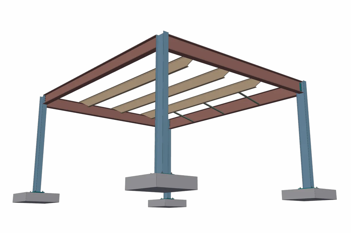 A framed bay seen from below, with angle kickers from the edge beam to the first joist.