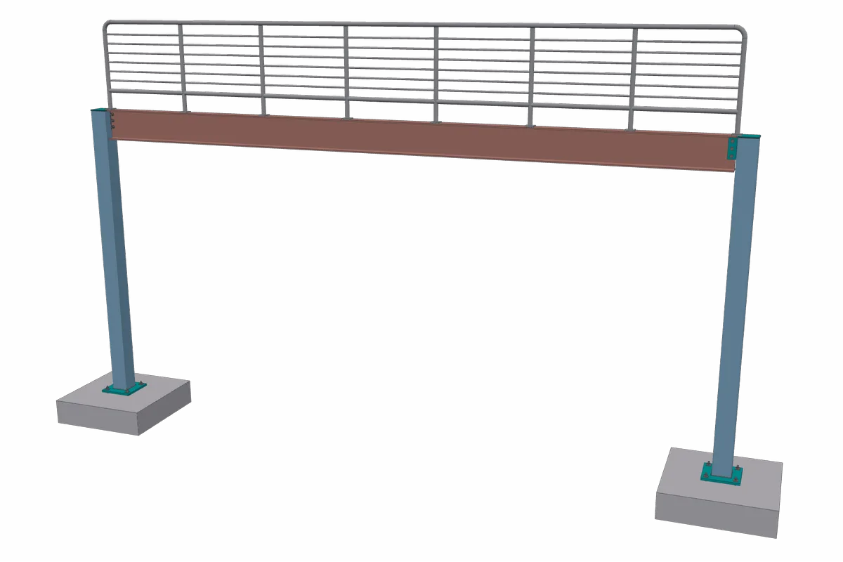 A midrail guardrail mounted on a wide-flange girder between two columns, without a kick plate.