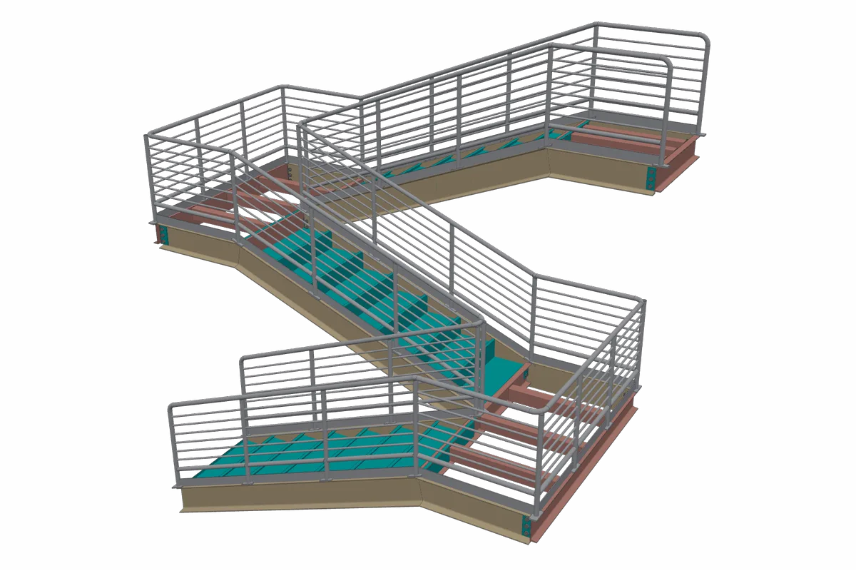 A three-flight switchback stair with midrail guards.