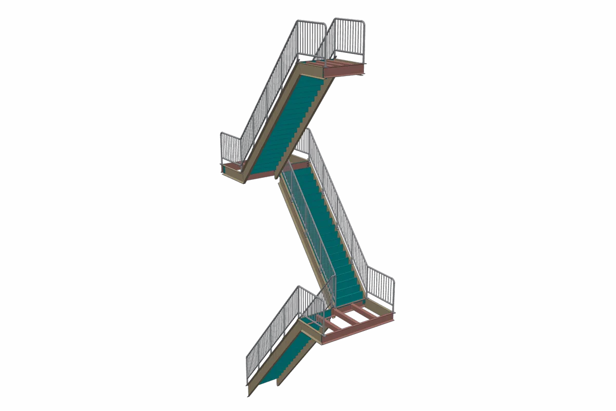 A stair rising three stories with one flight per story and picket guards.