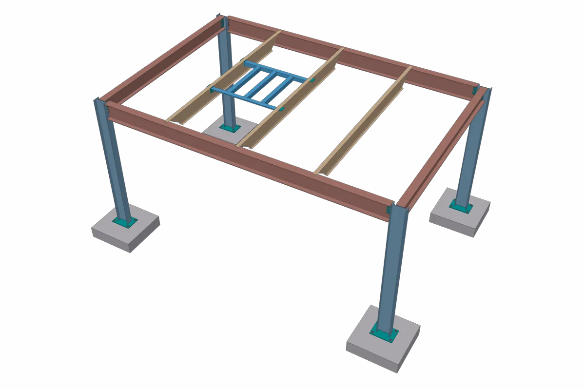 A framed roof bay with joists and a small angle frame for a rooftop unit between two joists.