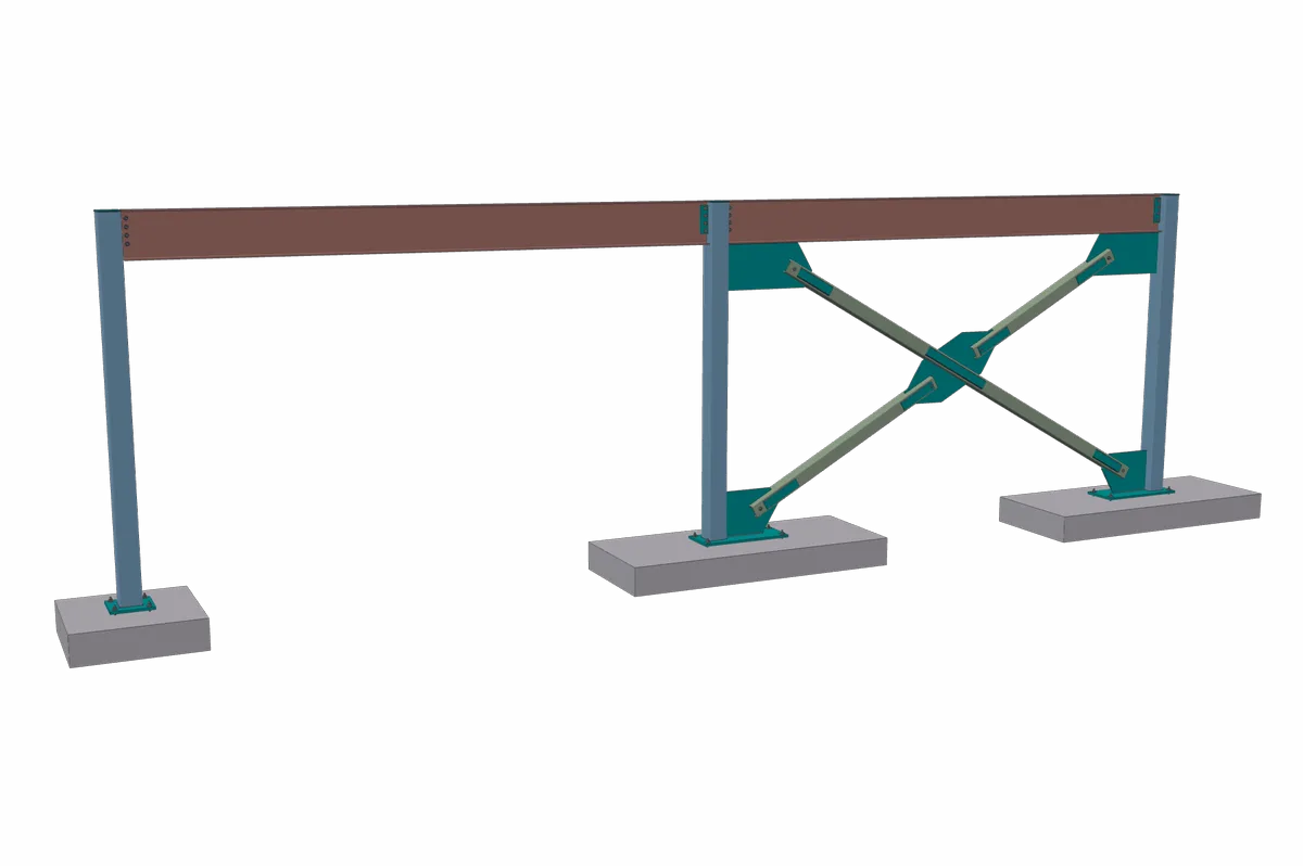 A frame line of three columns under a wide-flange beam, one bay X-braced with tube diagonals and gusset plates.
