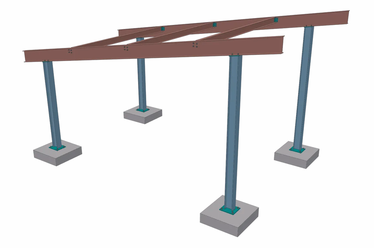 A sloped canopy: two rafters on four columns of different heights, with purlins between them.