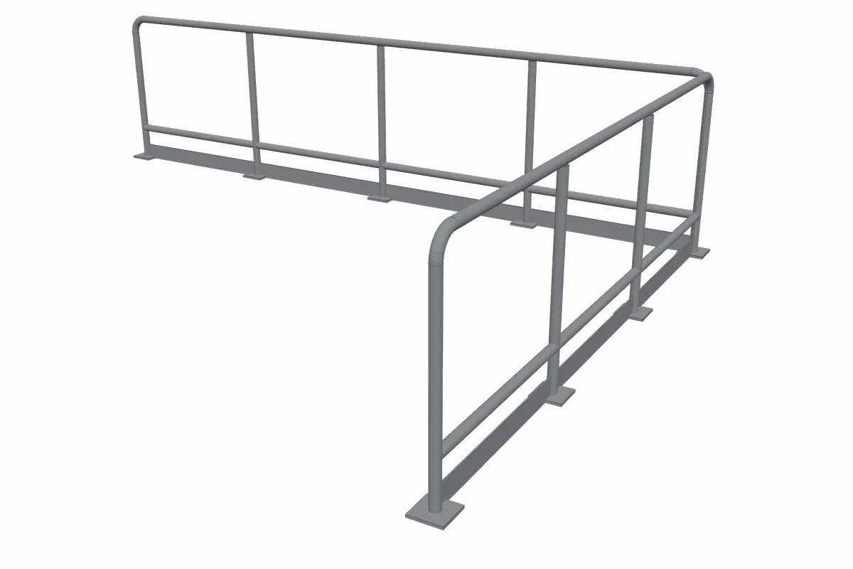 An L-shaped two-line guardrail standing on its own base plates.