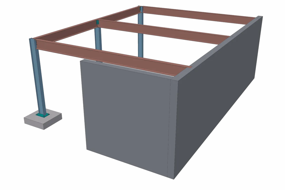 Three beams spanning from columns onto an L-shaped concrete wall.