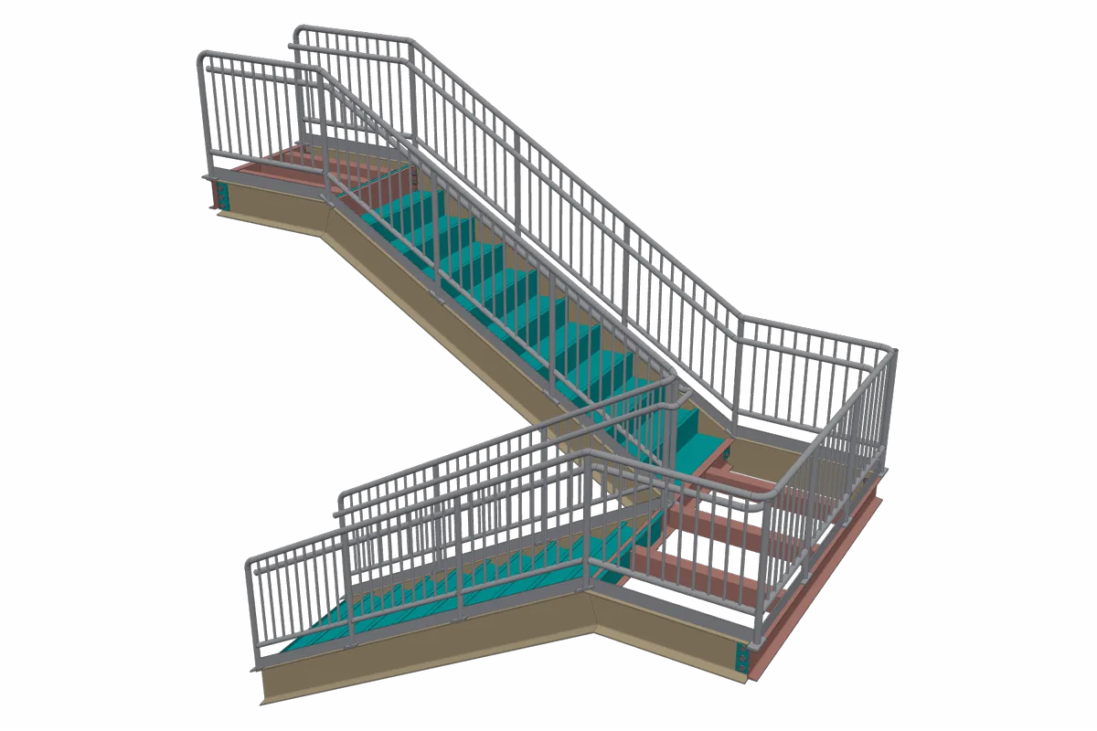 A two-flight stair with a picket guard and an offset handrail on each side.