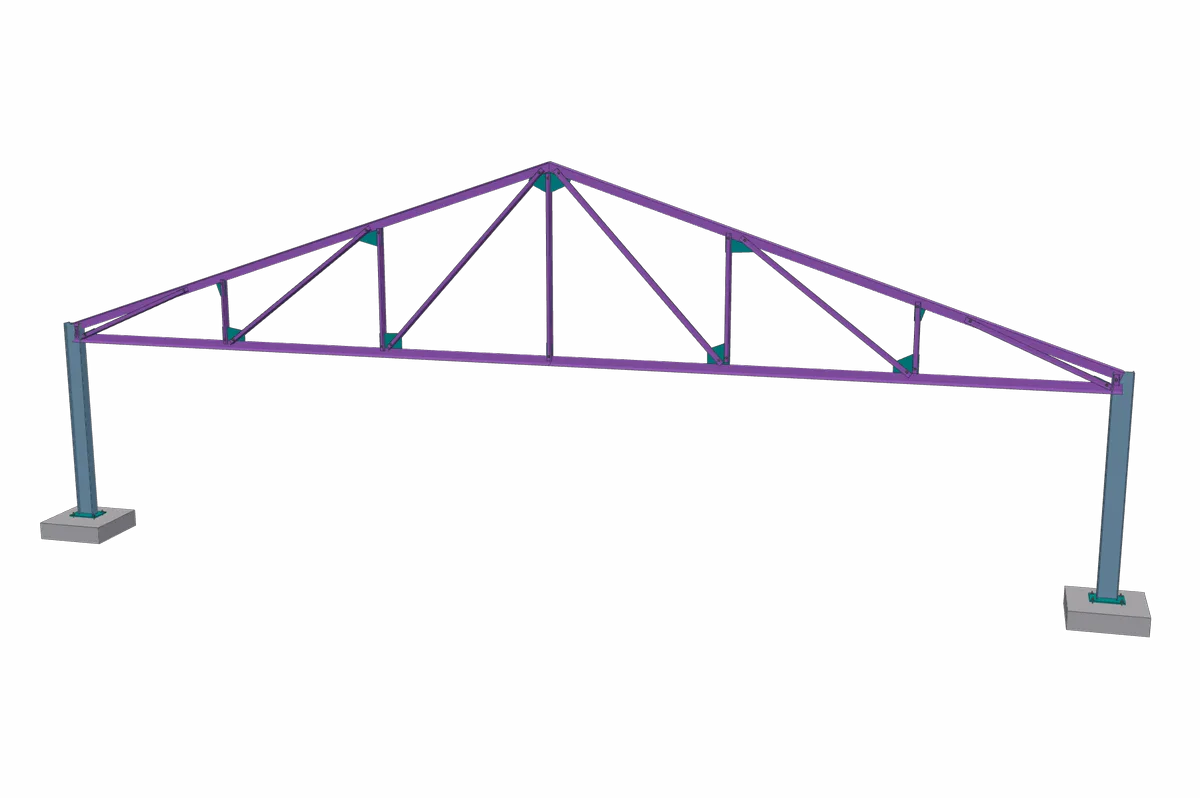 A pitched Howe truss with tee chords and double-angle webs.