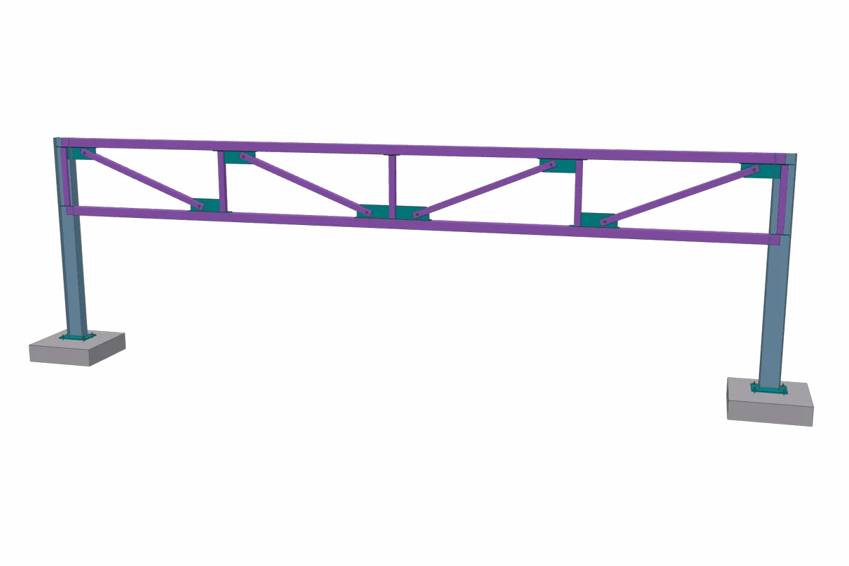 A Pratt truss of tube chords and webs spanning between two wide-flange columns.